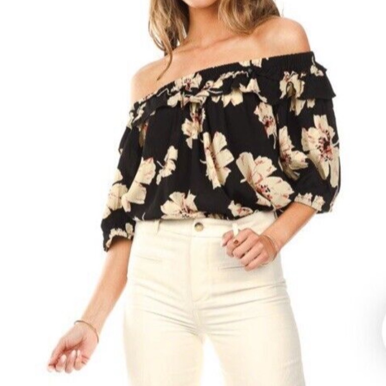 Ba&Sh Kavi Floral Off The Shoulder Ruffle Blouse Top